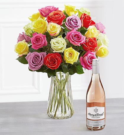 Blossoms & Wine&trade; - Assorted Roses and Wine